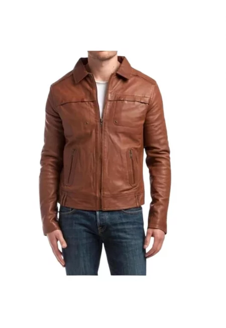 Мъжко кожено яке -  кафяво - с яка -