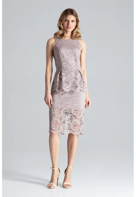 Миди рокля -  дантела - бежово - полиестер -