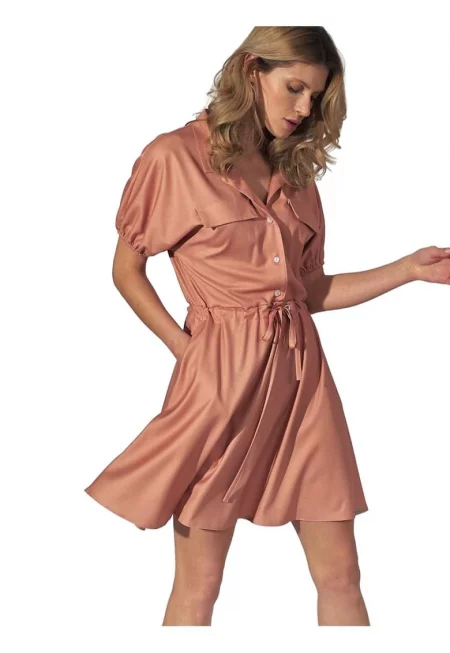 Оранжева мини рокля  яка - еластични ръкави - джобове - еластична материя - вискоза