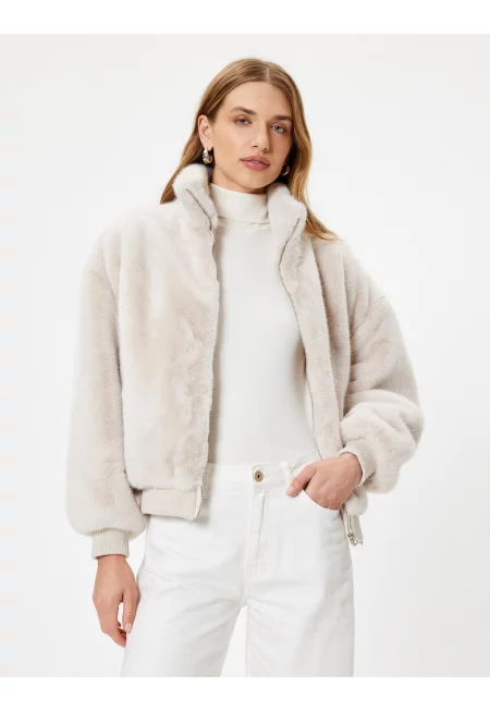 Палто от еко пух с цип - Слонова кост