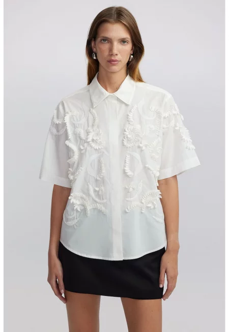 Памучна риза с бродерии - Слонова кост