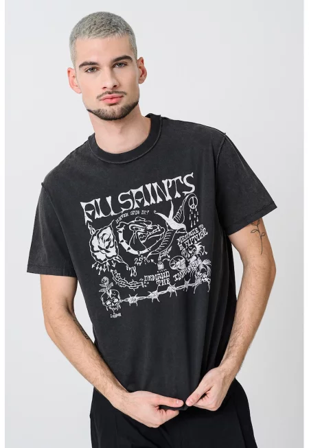 Памучна тениска с принт - Мръснобял/Антрацитно сиво