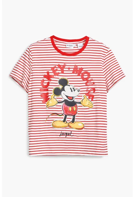 Памучна тениска с принт на Mickey Mouse - Червен/Бял/Жълт
