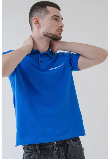 Памучна тениска с яка и лого - Бял/Кралско Синьо