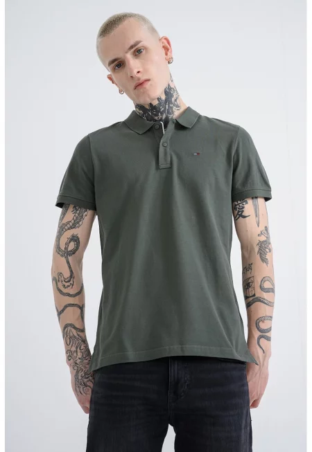 Памучна тениска с яка и лого - Персийско зелено