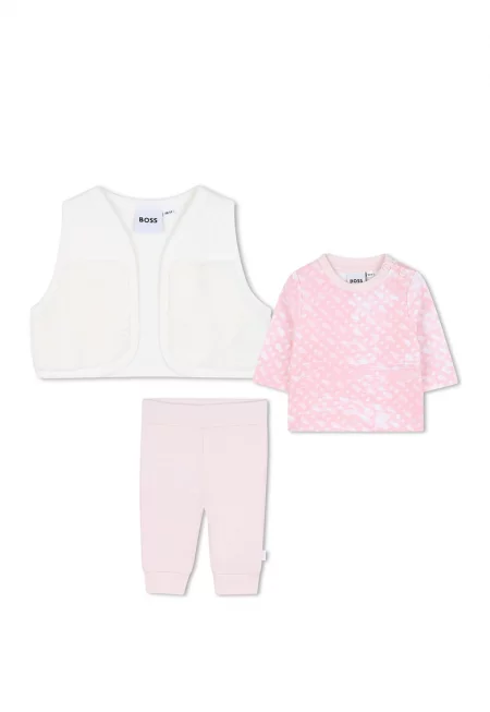 Панталон - елек и суитшърт - 3 части - Светлорозов/Мръснобял