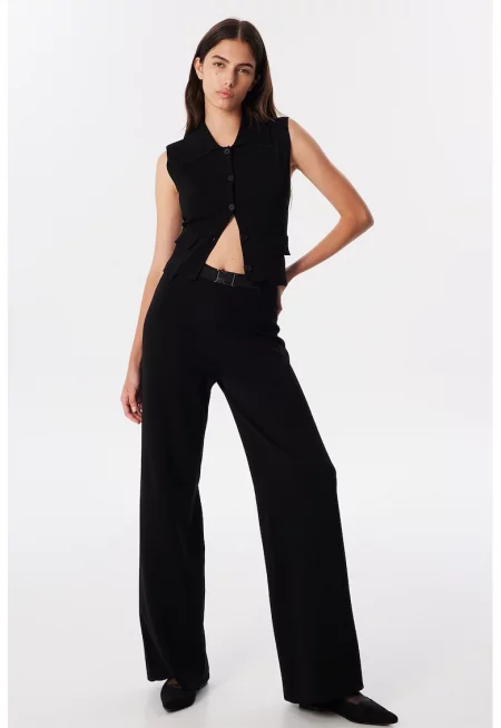 Прав панталон с миди талия - Черен