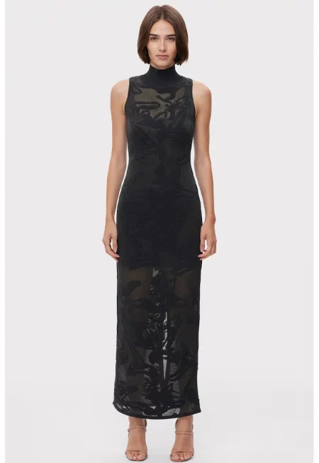 Прозрачна рокля до глезена - без ръкави и с висока яка - Черен