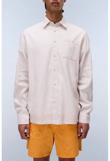 Раирана риза с лен с джоб - Бял/Бледо розово