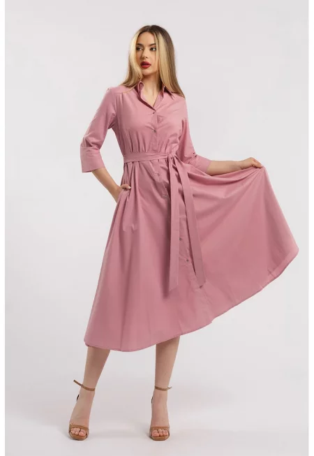 Разкроена рокля-риза с колан - Прашно розово