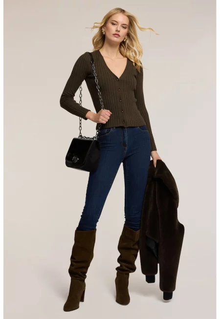 Рипсена слим жилетка с вълна - Тъмнокафяв