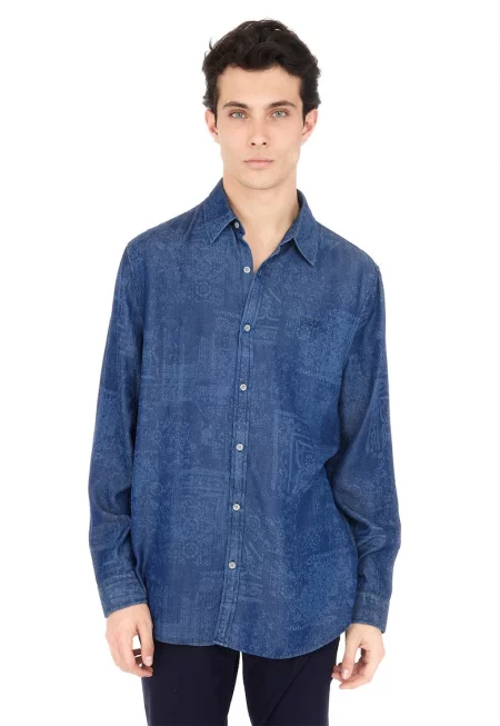 Риза от лиосел с принт - Тъмносин