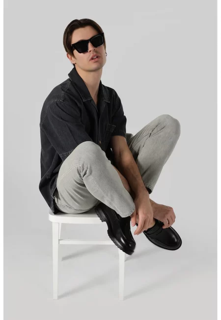 Риза от шамбре с къси ръкави - Избеляло черно