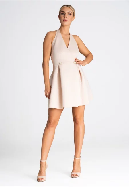 Рокля  M977 - бежова - без ръкави - 100% полиестер - елегантен дизайн