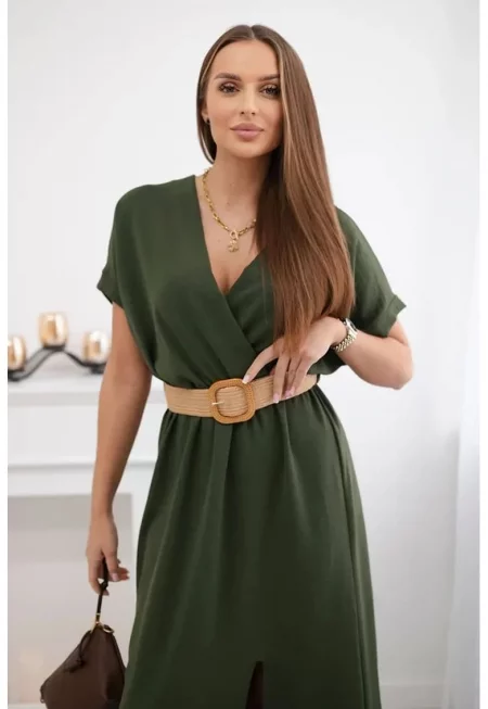Рокля с прехвърляне и колан на талията - Един размер