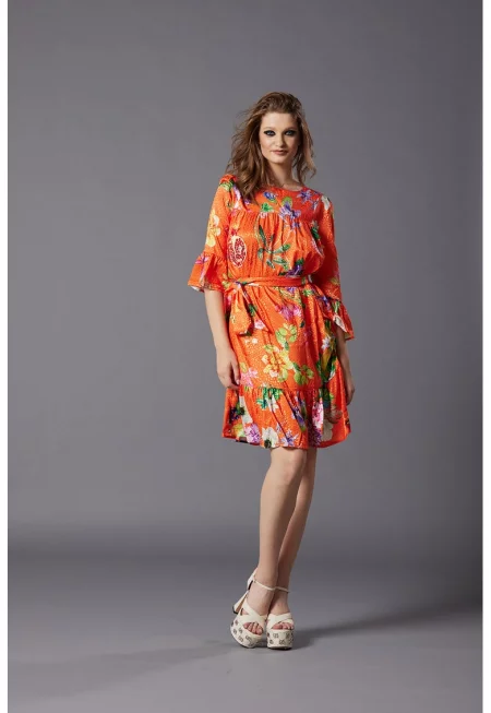 Рокля Saverna с коприна и принт - Зелен/Жълт/Мандарина