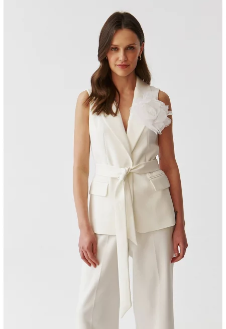 Сако без ръкави с двойни ревери и колан - Бял