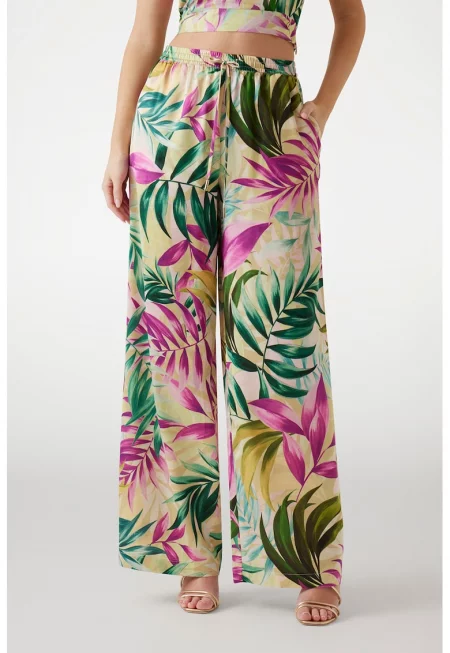 Широк панталон с шарка - Зелен/Фуксия/Бледожълт