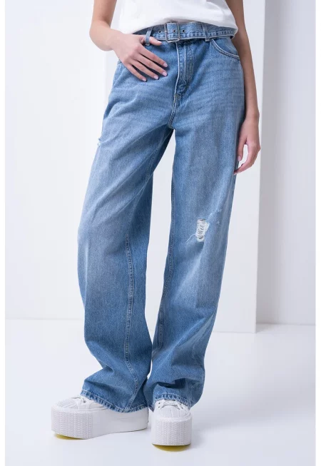 Широк панталон с висока талия - Светлосин меланж