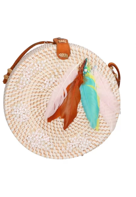 Сламена чанта през рамо - Слонова кост/Тюркоаз/Бледо розово