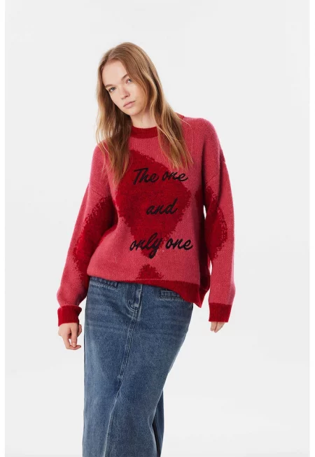 Свободен кариран пуловер - Червен/Розово