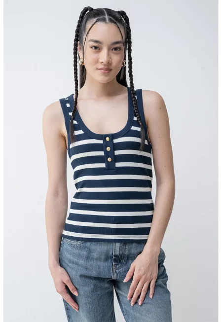 Танк топ с памук с овално деколте - Слонова кост/Ултрамарин синьо