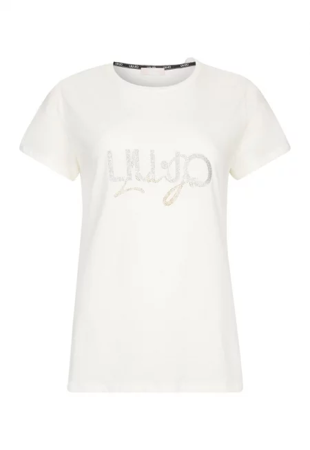 Тениска от памук с пайети - Бял