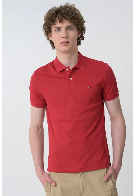 Тениска от памук с яка - Аленочервен