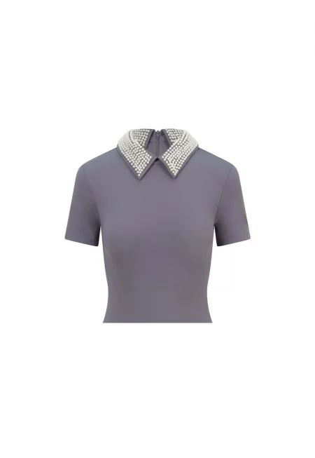 Тениска със синтетични перли на яката - Сив -