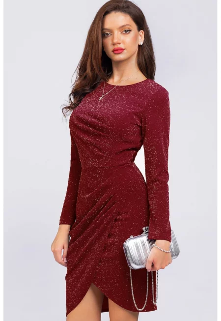 Вталена бляскава рокля с дълги ръкави - Бордо