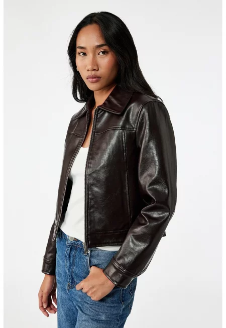 Яке от еко кожа с цип - Тъмнокафяв