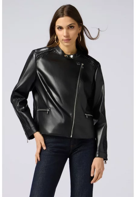 Яке от еко кожа със сплетени детайли - Черен
