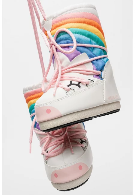 Зимни боти със среден профил и шарка с еднорог - Бял/Пастелнорозов/Лилав