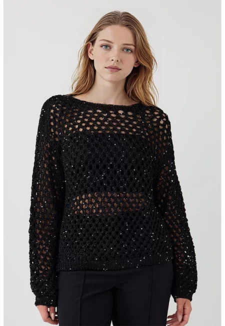 Ажурен пуловер с деколте-лодка