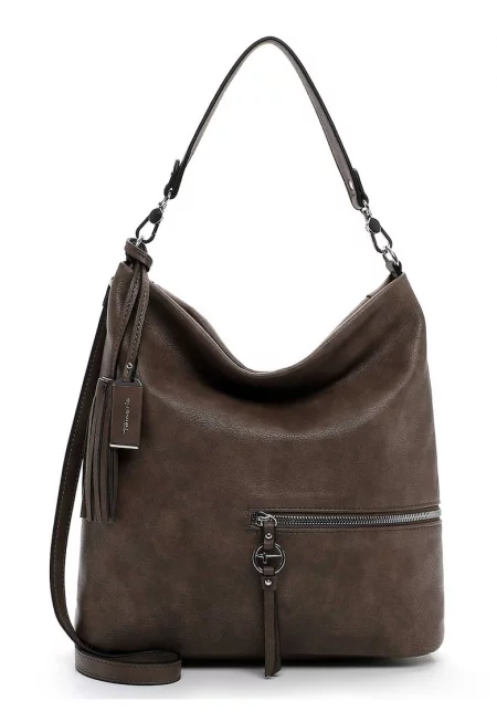 Чанта от еко кожа с пискюл - Тъмнокафяв