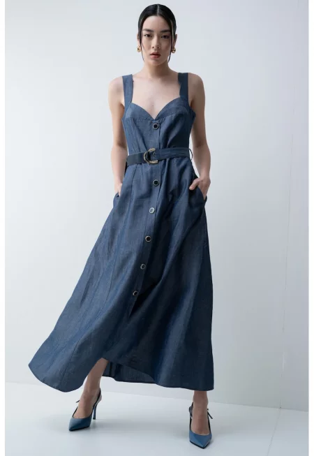 Дълга рокля тип риза от лиосел и лен - Тъмносин