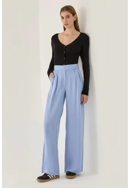 Дамски панталон -  с дантела - висока талия - син - лиосел