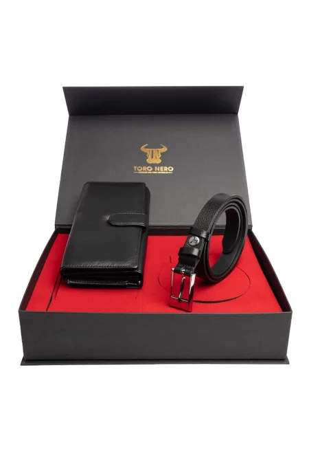 Дамски портфейл и комплект колан - естествена кожа - черен - Reset-Slim