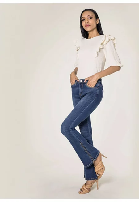 Дамски разкроени дънки  с разкроена каишка - тъмносини - P151L M10 17034