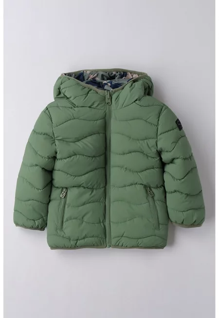 Двулицево зимно яке с качулка - Светлокафяв/Папратово зелено/Тъмносин