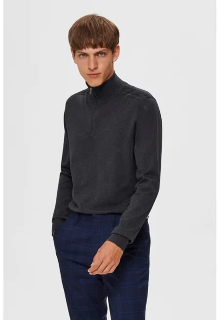 Фино плетен пуловер Berg с къс цип - Tъмносив