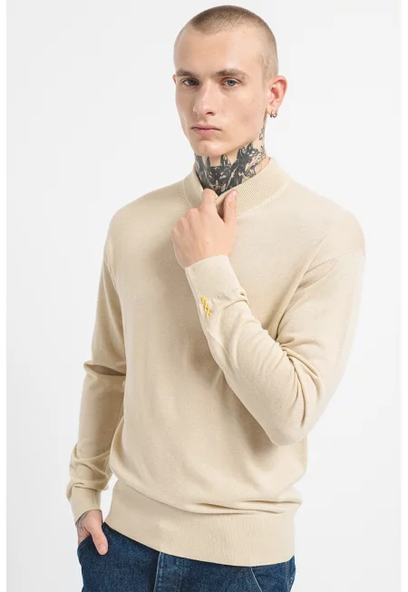 Фино плетен пуловер с вълна - Бежов меланж