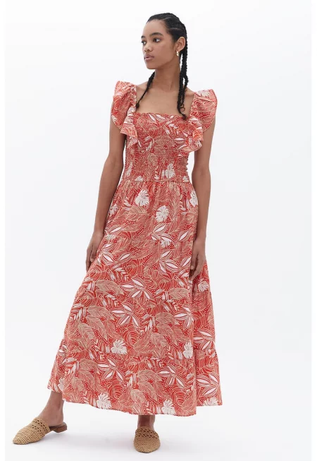 Флорална рокля Pavdesel с къси ръкави - Корал/Мръснобял