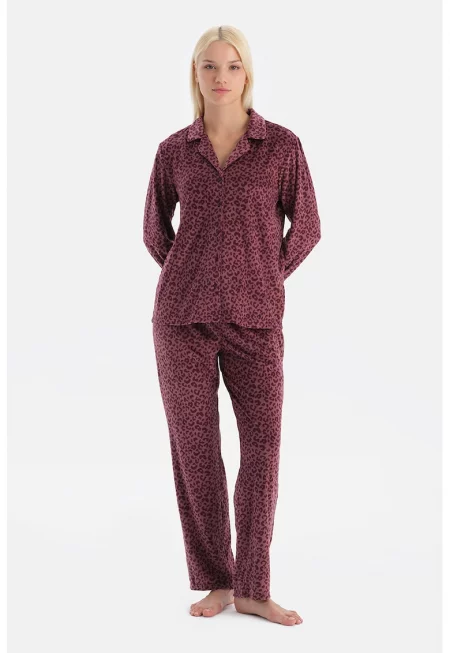 Кадифена пижама с принт - Виолетов