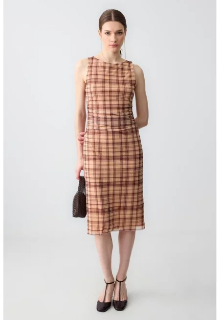 Карирана рокля - Бордо/Светло оранжево