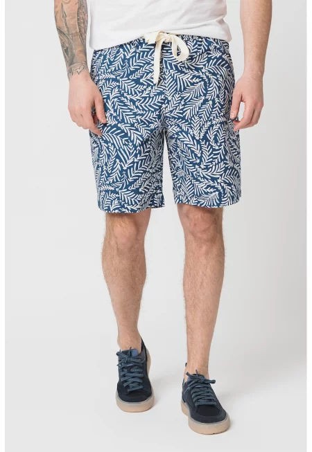 Къс панталон с принт и връзка - Бял/Син