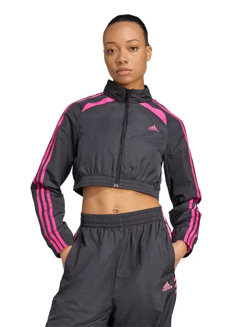 Къс суитшърт с цип и райе на ръкавите