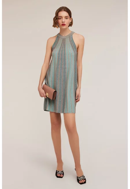 Къса рокля с халтер деколте и райе - Бледозелен/Прашно розово/Персийско зелено