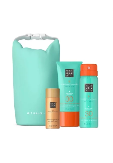 Комплект  The Ritual of Karma - Слънцезащитен крем за лице SPF 30 - 50 мл + Млечен слънцезащитен спрей SPF 30 - 50 мл + Озаряващо масло за тяло - 30 мл