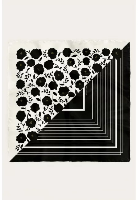 Копринен шал с принт - Бял/Черен